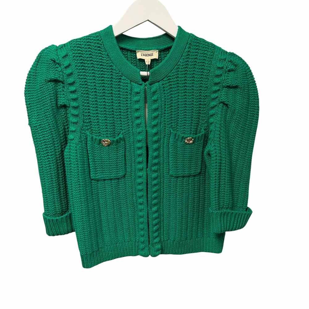 NWT L'Agence Delilah Crop Textured Cardigan Kelly Green Gold Knot Size Small - Picture 2 of 8
